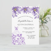 Quinceanera violet wit kleed florelegant kaart (Staand voorkant)