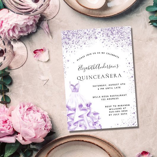Quinceanera violet witte jurk uitnodiging briefkaart