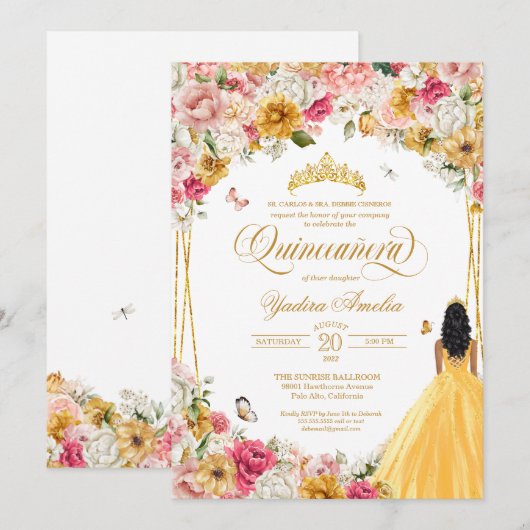  Quinceanera Vlinder Blush Roze & Gele Bloemen  Kaart (Voorkant / Achterkant)