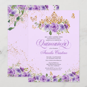 Quinceañera Vlinder & Paarse Waterverf Bloemen  Kaart