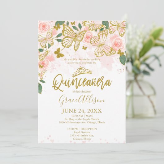 Quinceanera Vlinder Uitnodiging Engelse tekst (Staand voorkant)