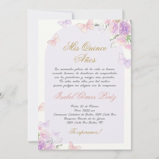 Quinceanera vlinder uitnodiging in het Spaans (Voorkant)
