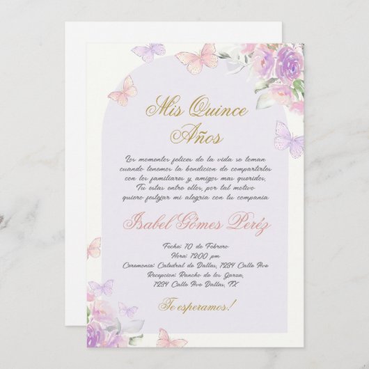 Quinceanera vlinder uitnodiging in het Spaans (Voorkant / Achterkant)