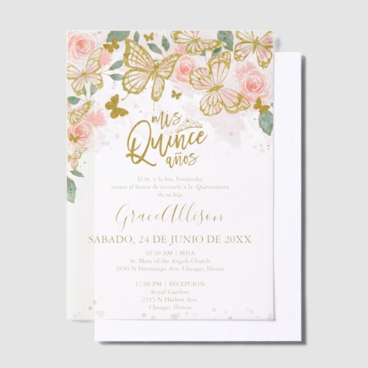 Quinceanera vlinder uitnodiging Spaanse tekst (Offset)