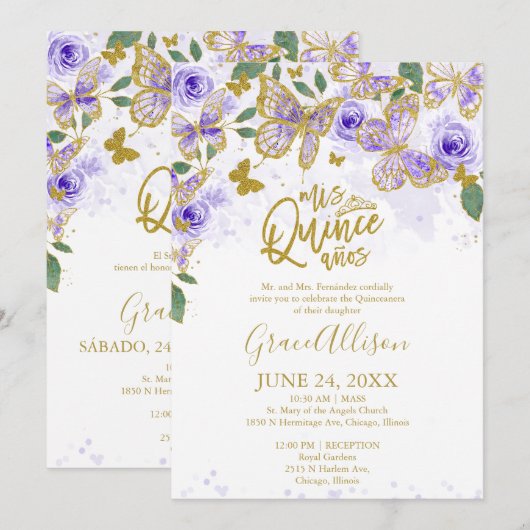 Quinceanera vlinder uitnodiging tweetalig (Voorkant / Achterkant)