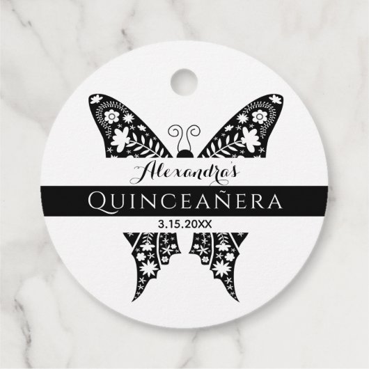 Quinceanera Vlinder Zwart-wit Bedankjes Labels (Achterkant)