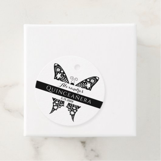 Quinceanera Vlinder Zwart-wit Bedankjes Labels (In situ)