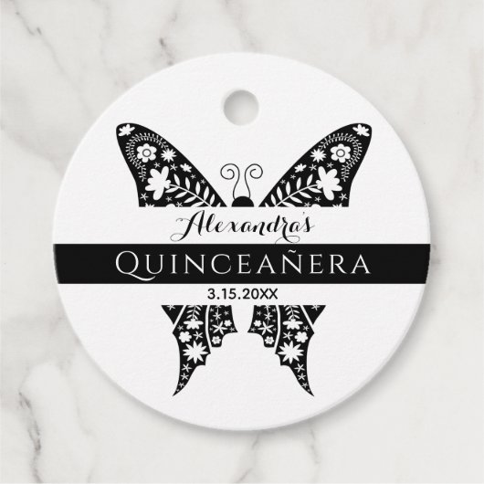 Quinceanera Vlinder Zwart-wit Bedankjes Labels (Voorkant)