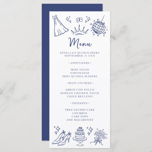 Quinceanera Vlinders Bloemen Modern Blauw Wit Menu (Voorkant / Achterkant)