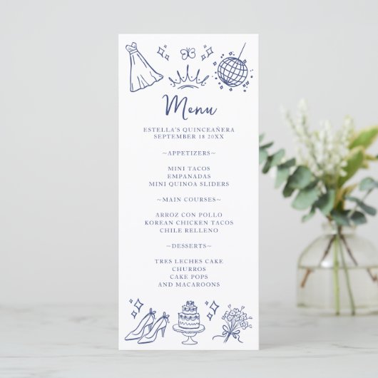 Quinceanera Vlinders Bloemen Modern Blauw Wit Menu (Staand voorkant)