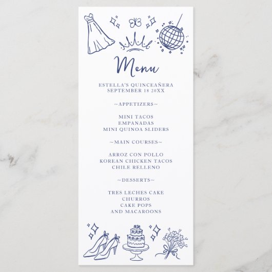 Quinceanera Vlinders Bloemen Modern Blauw Wit Menu (Voorkant)