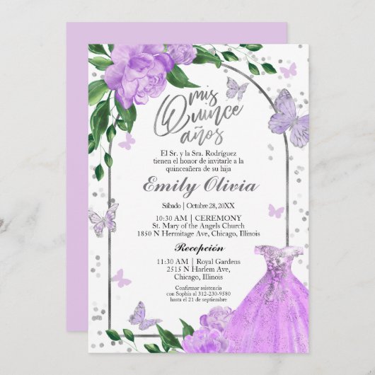 Quinceanera Vlinders Lavendel Jurk Spaans Kaart (Voorkant / Achterkant)