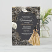 Quinceañera w Black Rozen, Gold Gown en Glitter Kaart (Staand voorkant)