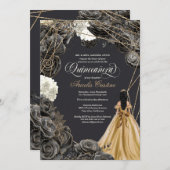 Quinceañera w Black Rozen, Gold Gown en Glitter Kaart (Voorkant / Achterkant)