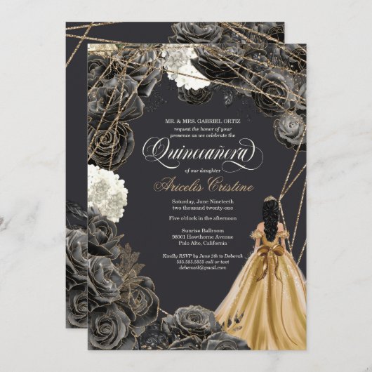 Quinceañera w Black Rozen, Gold Gown en Glitter Kaart (Voorkant / Achterkant)