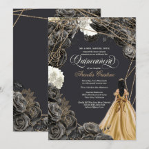 Quinceañera w Black Rozen, Gold Gown en Glitter