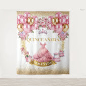 Quinceañera Wandtapijt Roze Jurk Goud Tiara Wandkleed (Voorkant)