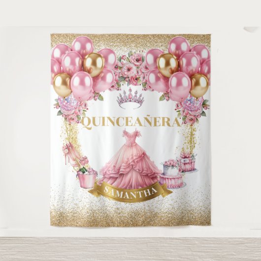 Quinceañera Wandtapijt Roze Jurk Goud Tiara Wandkleed (Voorkant)