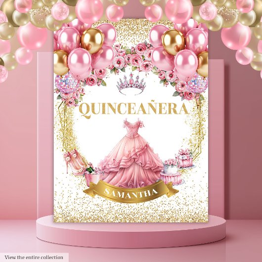 Quinceañera Wandtapijt Roze Jurk Goud Tiara Wandkleed