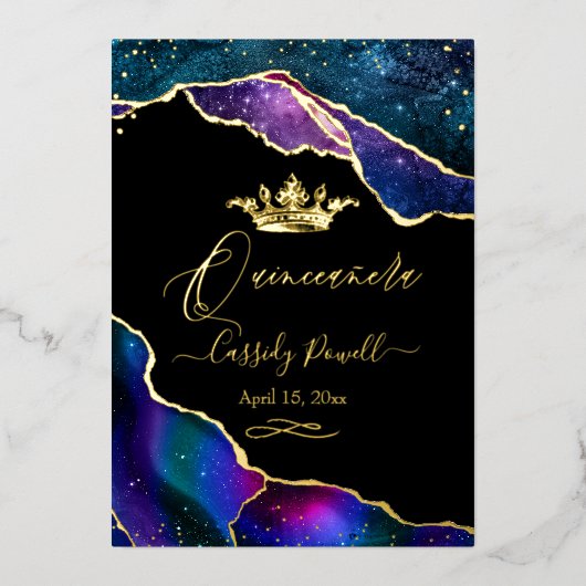 Quinceanera, Waterverf Galaxy Agate 3 kleuren Folie Uitnodiging (Voorkant)