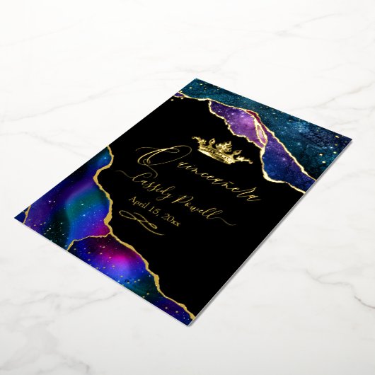 Quinceanera, Waterverf Galaxy Agate 3 kleuren Folie Uitnodiging (Gedraaid)