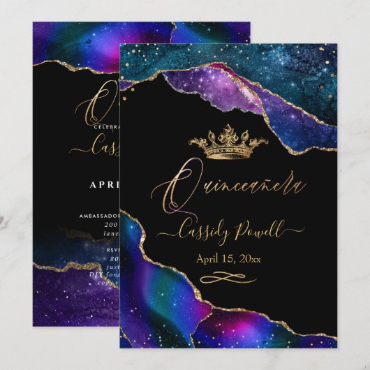 Quinceanera, Waterverf Galaxy Agate Faux Gold Inv Kaart (Voorkant / Achterkant)