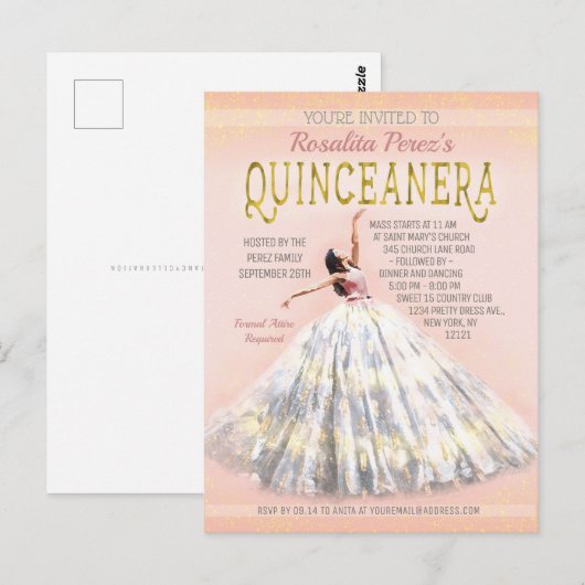 Quinceanera Waterverf Jurk Blush Roze Goud Fancy Briefkaart (Voorkant / Achterkant)