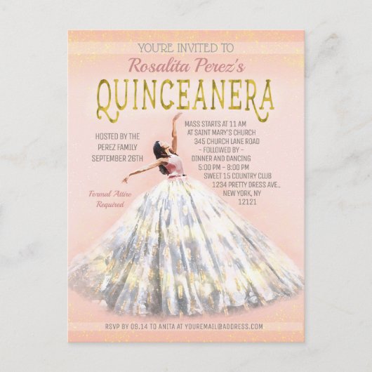 Quinceanera Waterverf Jurk Blush Roze Goud Fancy Briefkaart (Voorkant)