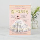 Quinceanera Waterverf Jurk Blush Roze Goud Fancy Kaart (Staand voorkant)