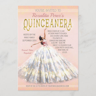 Quinceanera Waterverf Jurk Blush Roze Goud Fancy Kaart