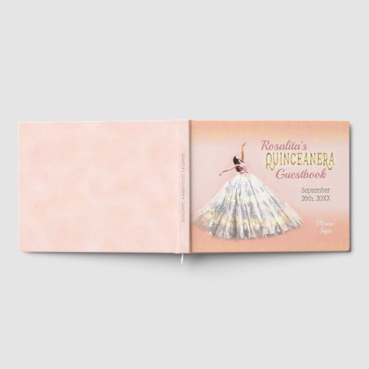 Quinceanera Waterverf Jurk Blush Roze Goud Naam Gastenboek (Volledig)