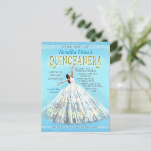 Quinceanera Waterverf Jurk Royal Blauw Goud Fancy Briefkaart (Staand voorkant)