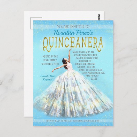 Quinceanera Waterverf Jurk Royal Blauw Goud Fancy Briefkaart (Voorkant / Achterkant)