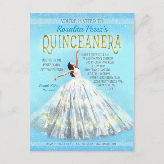 Quinceanera Waterverf Jurk Royal Blauw Goud Fancy Briefkaart (Voorkant)