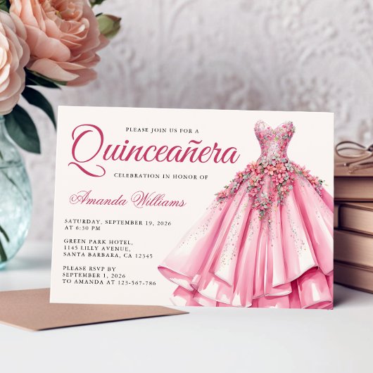 Quinceanera Waterverf Roos Gouden Gown Kaart