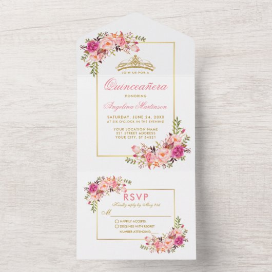 Quinceanera Waterverf Roze Bloemen Gouden Kroon All In One Uitnodiging (Binnen)