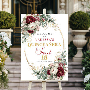 Quinceanera Welkom Bord Boho Burgundy Bloemen Goud Poster