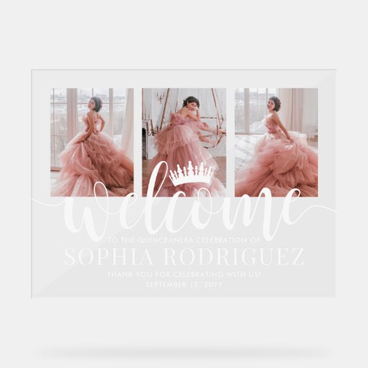 Quinceañera Welkom & Dank u 3 Fotocollage Acryl Bord (Voorkant)