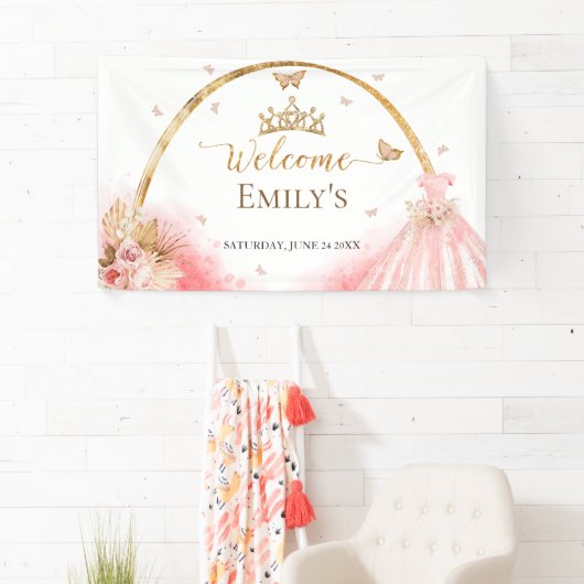 Quinceanera Welkom Gebarenbanner | Boho Pink Flora Spandoek (Insitu)