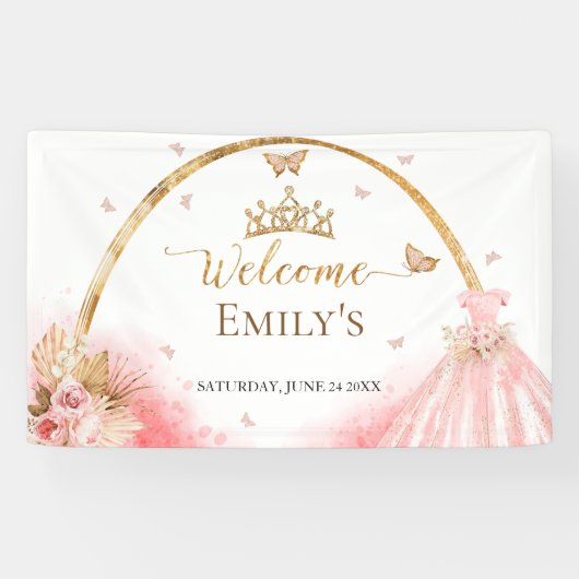 Quinceanera Welkom Gebarenbanner | Boho Pink Flora Spandoek (Horizontaal)