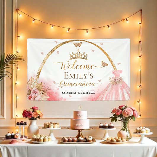 Quinceanera Welkom Gebarenbanner | Boho Pink Flora Spandoek
