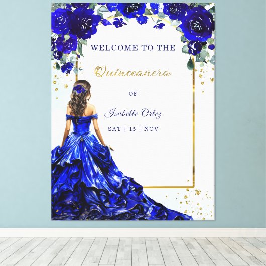Quinceañera Welkom Koninklijk Blauw en Goud Canvas Afdruk (Insitu (Houten vloer))