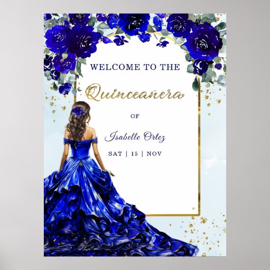 Quinceañera Welkom Koninklijk Blauw en Goud Poster (Voorkant)