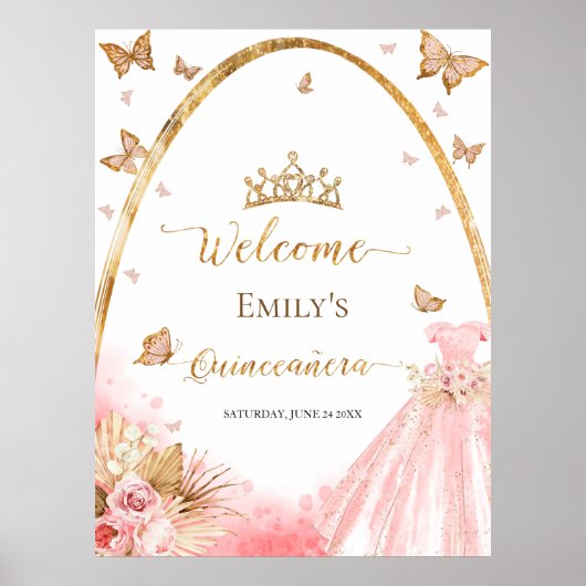 Quinceanera Welkomstbord | Bloemblush roze jurk Poster (Voorkant)
