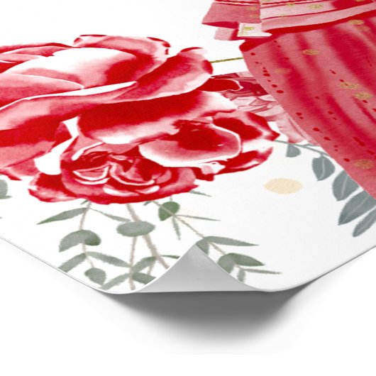 Quinceanera Welkomstbord Rode Jurk Bloemen Goud Poster (Hoek)