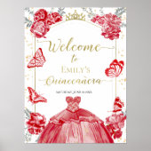 Quinceanera Welkomstbord Rode Jurk Bloemen Goud Poster (Voorkant)
