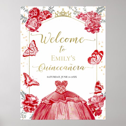 Quinceanera Welkomstbord Rode Jurk Bloemen Goud Poster (Voorkant)