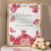 Quinceanera Welkomstbord Rode Jurk Bloemen Goud Poster