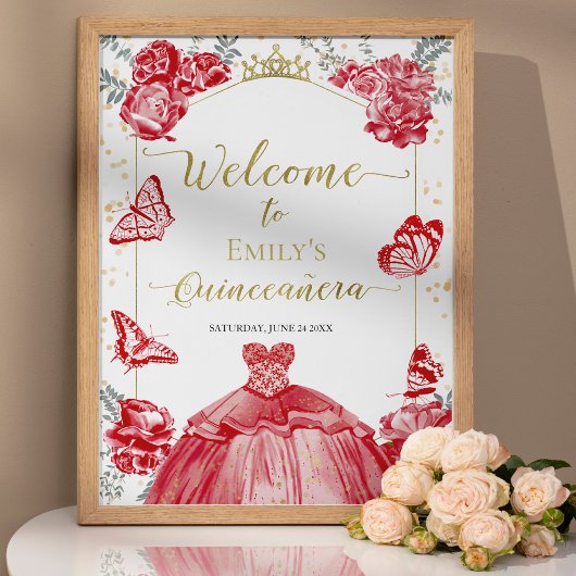 Quinceanera Welkomstbord Rode Jurk Bloemen Goud Poster