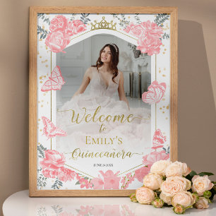 Quinceanera Welkomstbord Roze Jurk Bloemen Goud Poster